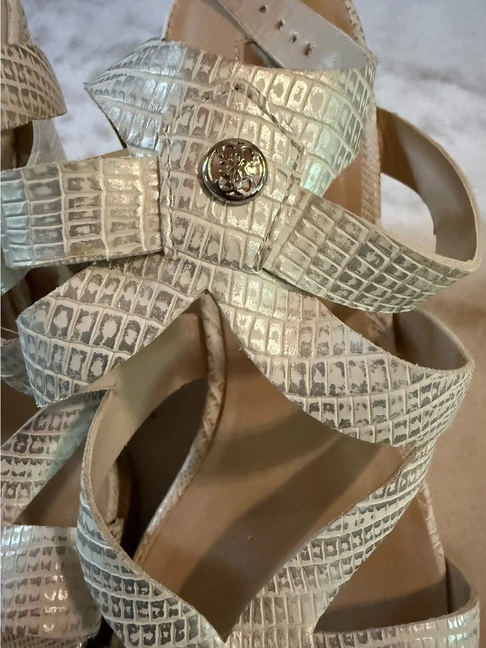 GUESS White Textured Cork Wedge Sandals